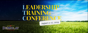 Leadership Training Conference in bold golden lettering on a picture of a field fading from night on the left to day on the right. August 11-17, 2024.